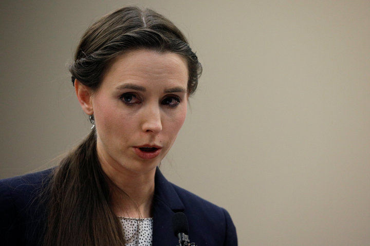 Victim Rachael Denhollander speaks at the sentencing hearing for Larry Nassar, a former team USA Gymnastics doctor who pleaded guilty in November 2017 to sexual assault charges, in Lansing