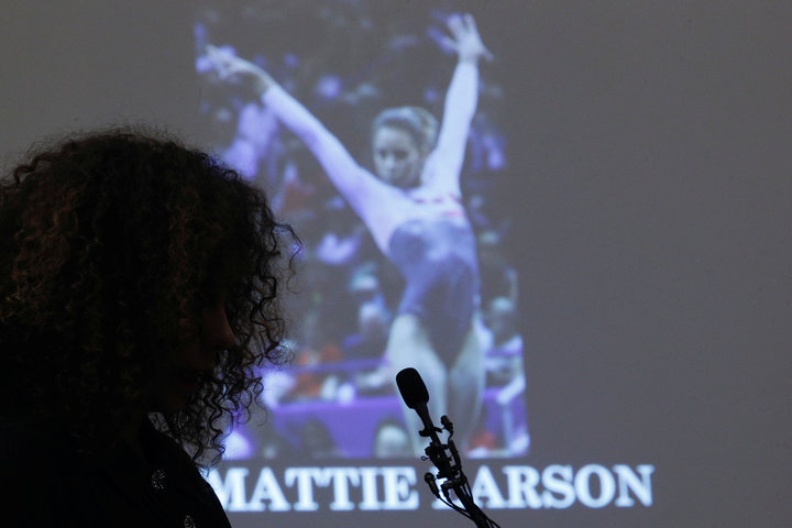 Victim Mattie Larson speaks at the sentencing hearing for Larry Nassar, a former team USA Gymnastics doctor who pleaded guilty in November 2017 to sexual assault charges, in Lansing, Michigan